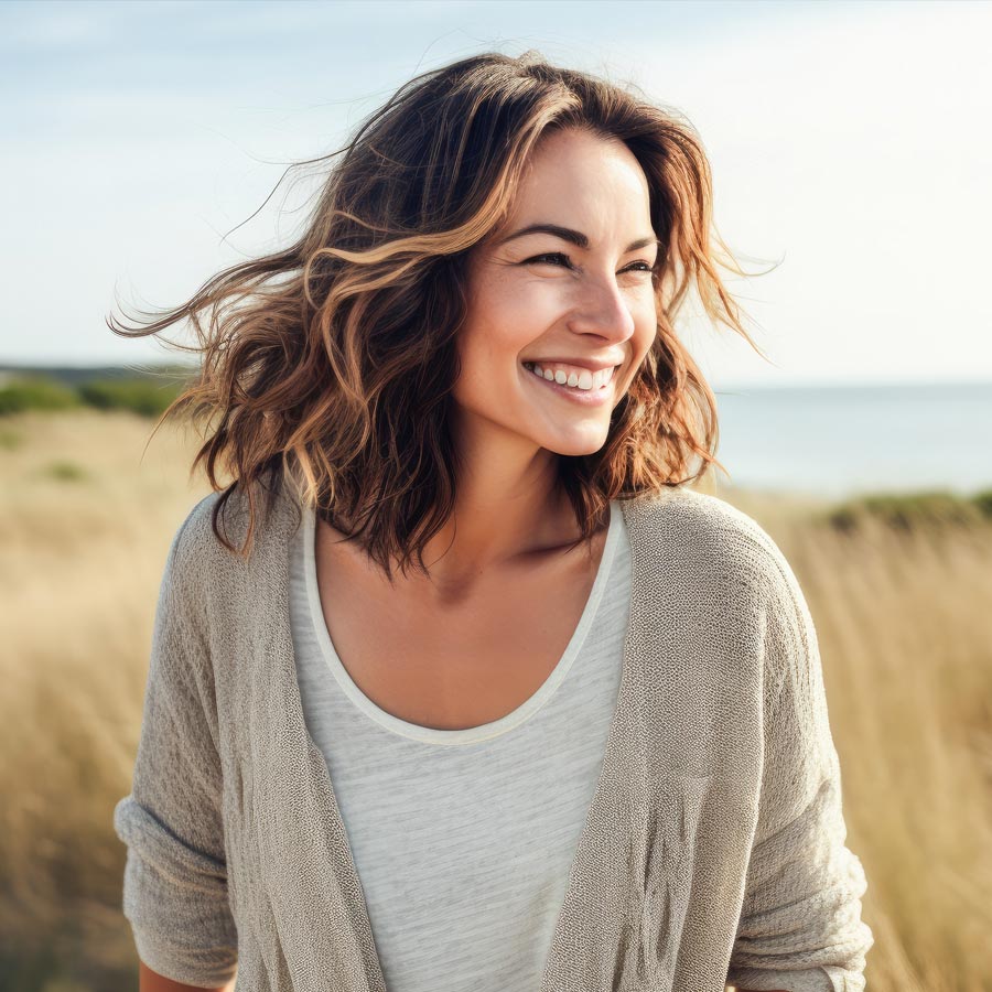 Blonde smiling woman year with clean fresh face and hands wit