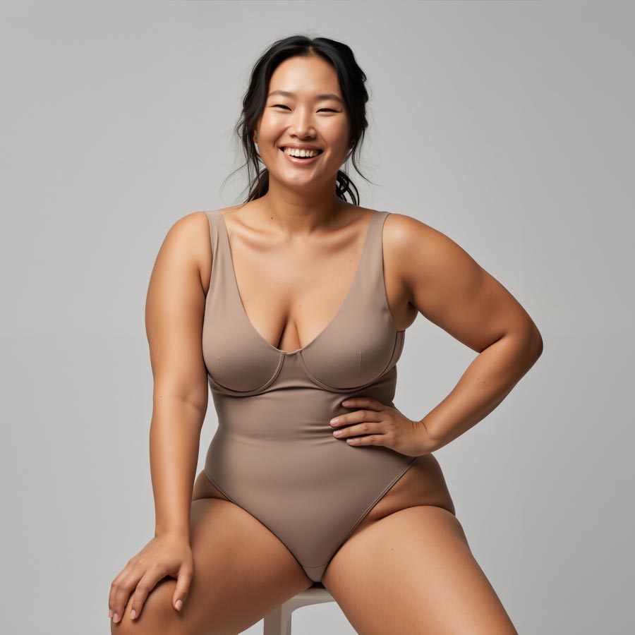 Body positive asian model smiling and posing in beige body suit, sitting on white stool in front of gray background