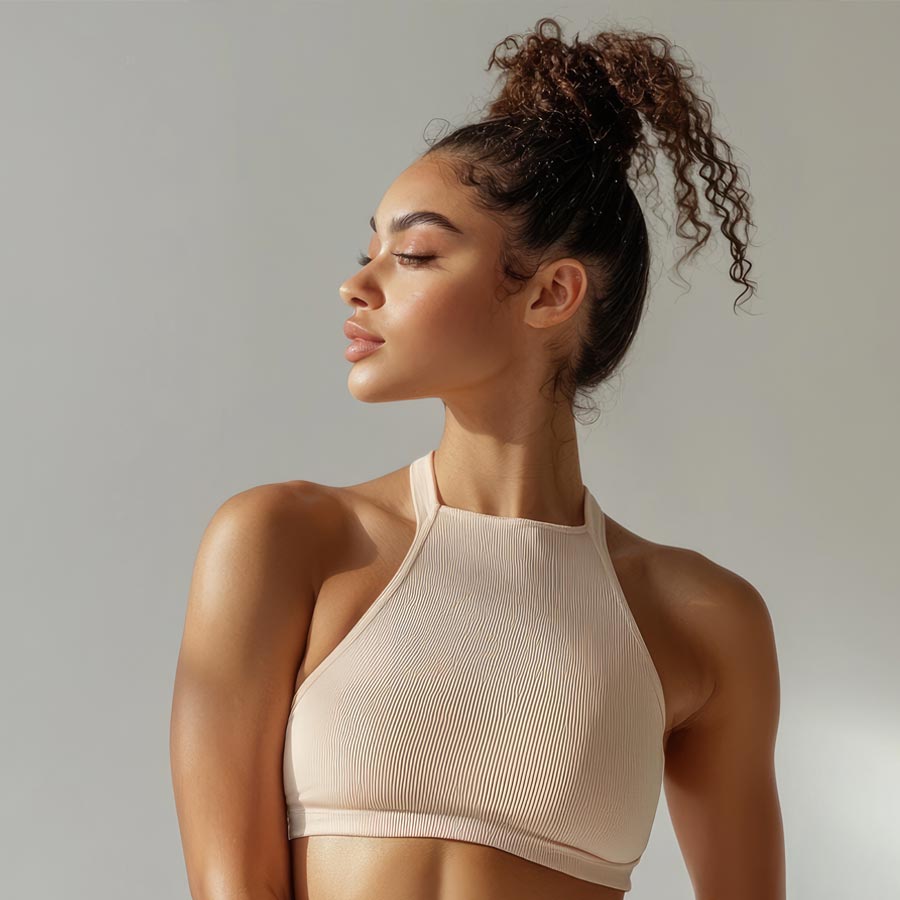 fitness model with toned body and confident posture.