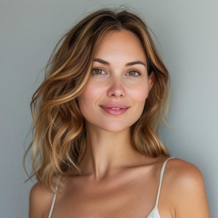 Blonde smiling woman year with clean fresh face and hands wit