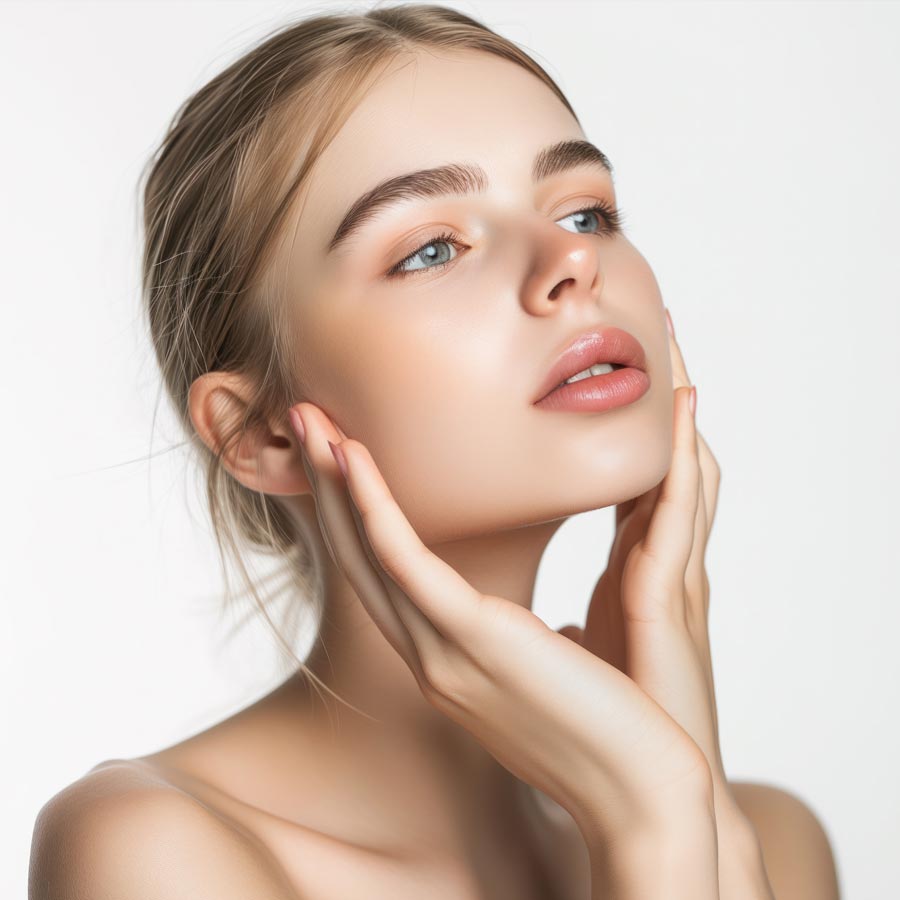 young woman with beautiful face touching healthy facial skin, beautiful portrait of smiling girl model with natural makeup on white background